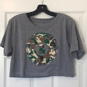 Doughnuts and Deadlifts Grey/Camo Crop Top